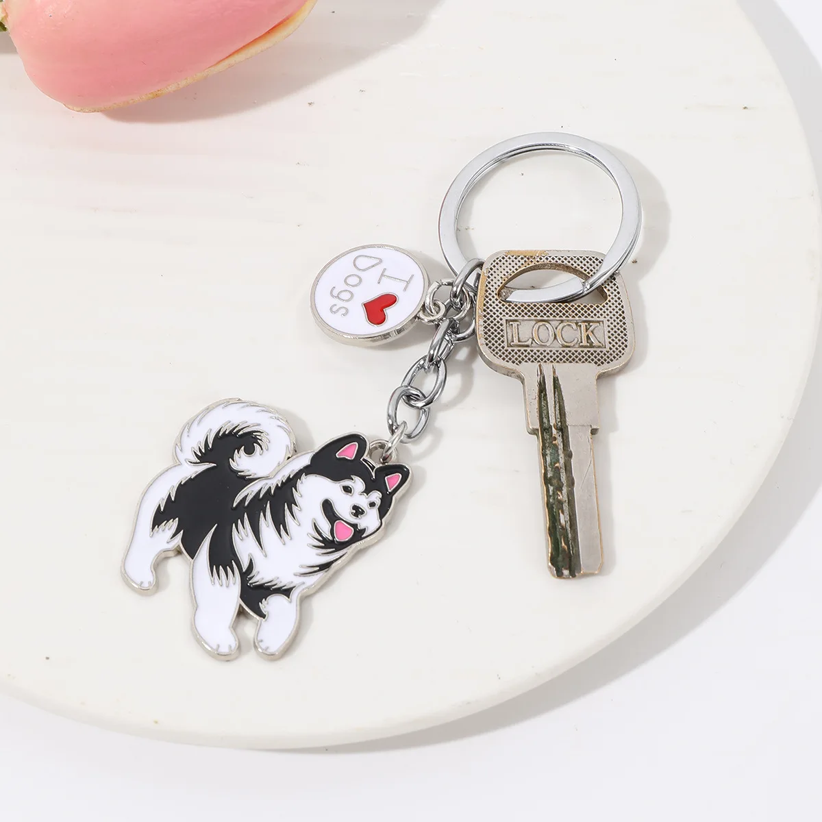 Metal Smile Alaskan Malamute Keychain Car Key Chains Pet Dog Pendant Bag Charm 24Pcs/Lot Wholesale