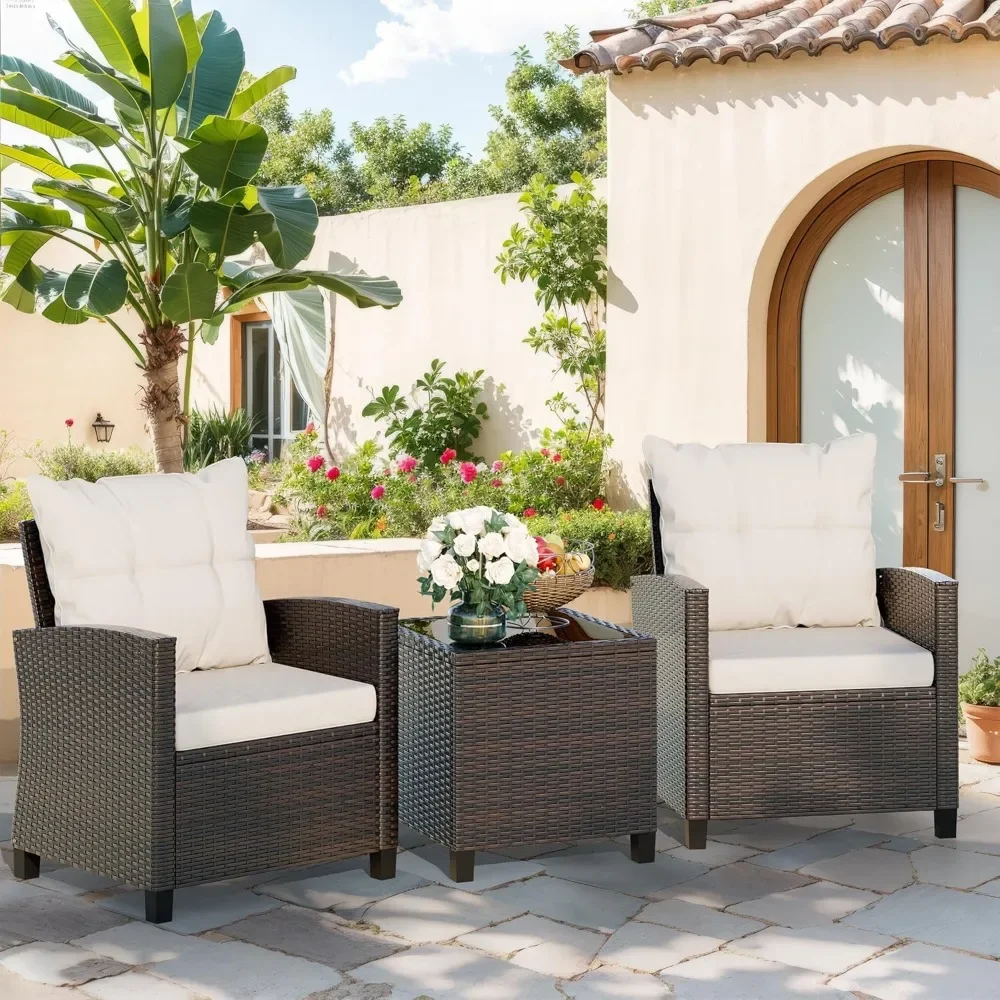 

3 Piece Patio Furniture Set Outdoor Wicker Rattan Front Porch Bistro Set Cushioned Chairs Conversation Set with Glass Table