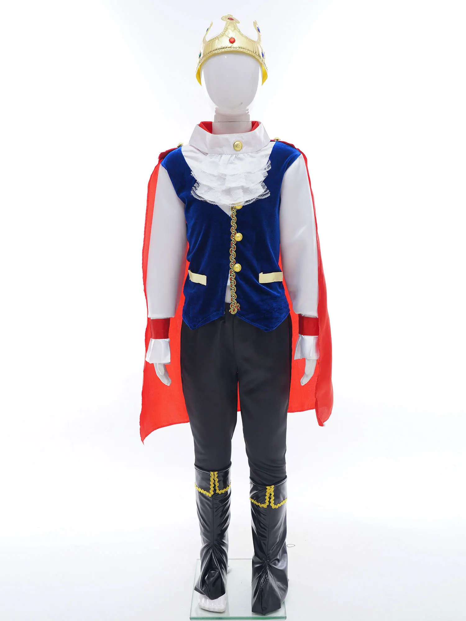 Kinder Jungen mittelalter lichen König Cosplay Kostüm Royal King Prinz Rollenspiel Outfit Tops mit Hosen Gürtel Cape Stirnband Schlagstock Socken Set