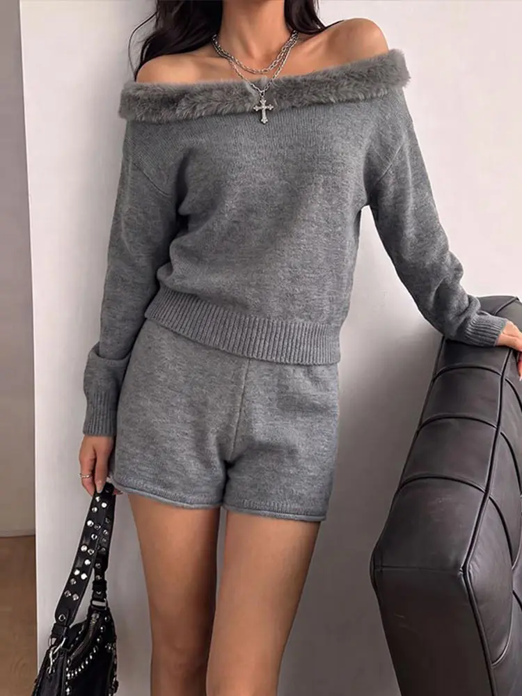 Fur Collar Off Shoulder Long Sleeve Loose Knit Sweater and Shorts Two Piece Set Women Solid Casual Autumn Lounge Suit