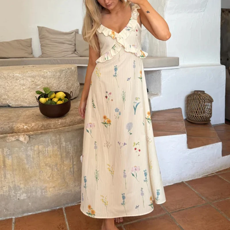 Abito lungo da donna con stampa grafica Boho Beach Scollo a V con volant Abito a trapezio Abito elegante da donna con allacciatura senza schienale Abito lungo