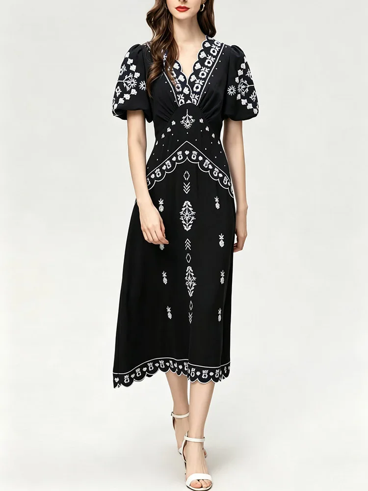 

JUNLINNA Fashionable Women Runway Dress V Neck Short Sleeve Embroidery Vestidos Party Holiday Lady Slims Summer