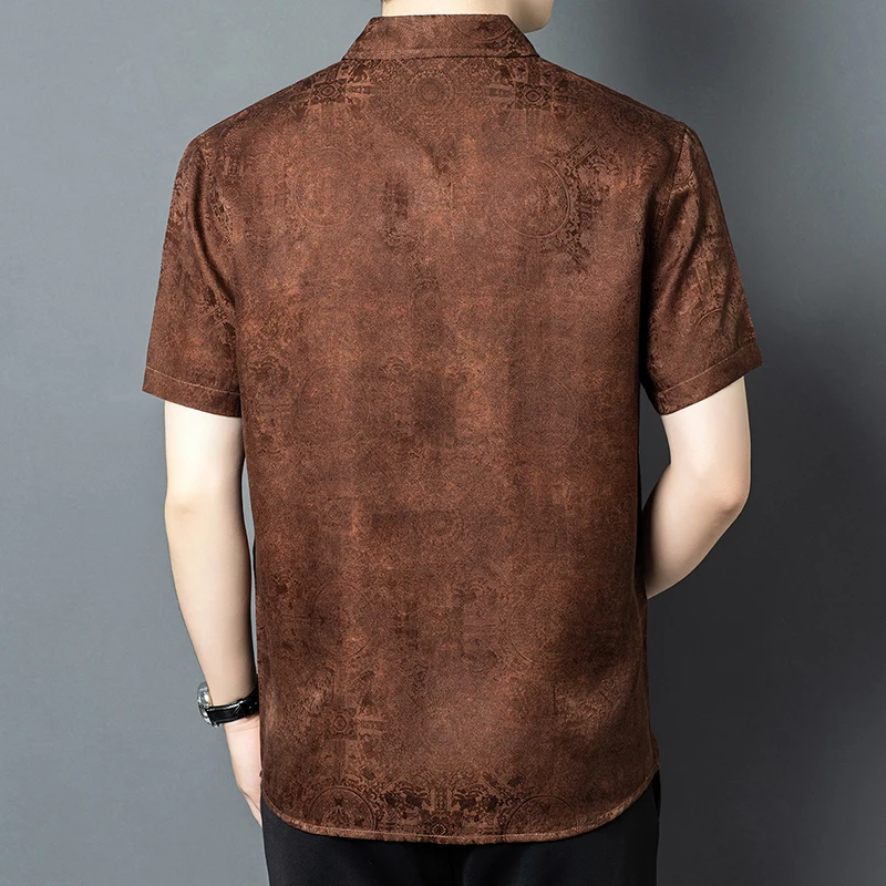 Gambiered Canton Gauze Shirts For Men Short Sleeve Skin-Friendly Summer Quality Geniune Silk 100% Print Luxury Camisas De Hombre
