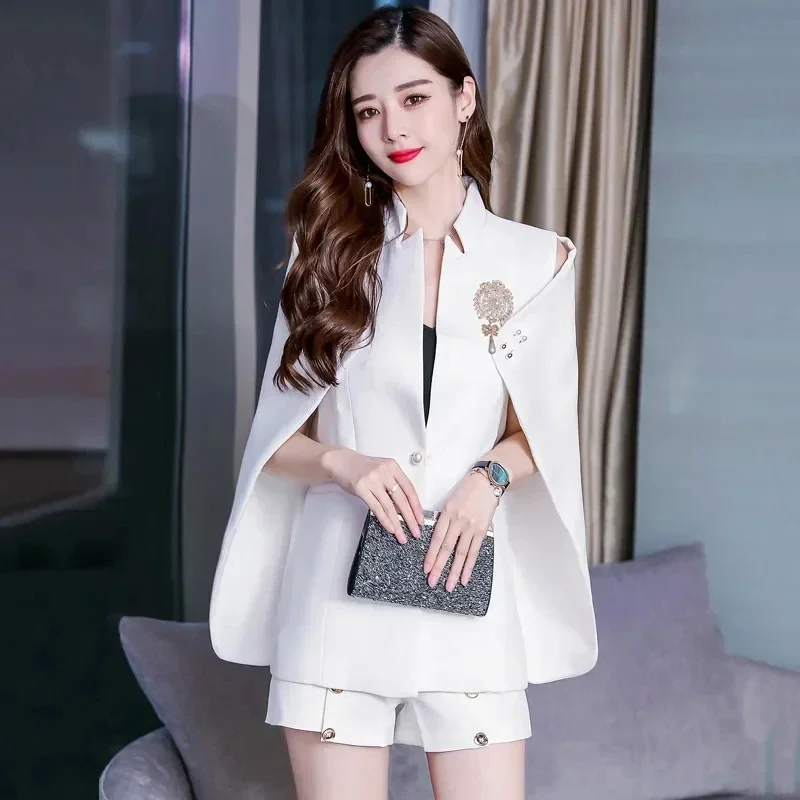 

New Spring Fashion White Cloak Korean Style Elegant OL Large Size Cape Blazer Loose Elegant Pearl Work Fashion Women Poncho Coat