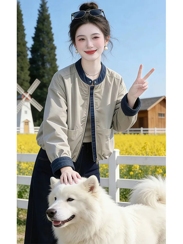 Unique Casual Style Patchwork Denim Jacket Women's Spring New Thin Coat Short Length Zipper Closure  Color Fashion Outer...