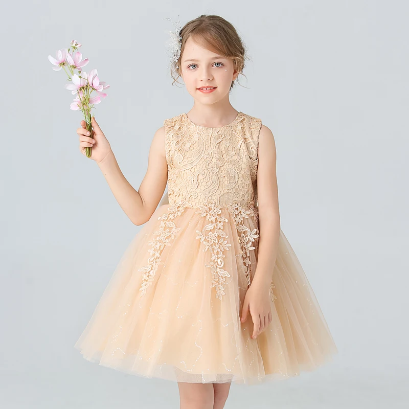 BX8991 White Lace Flower Girl Dress Bows Children\'s First Communion Dress Girls Sleeveless Princess Dresses