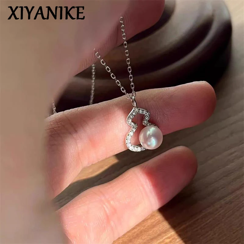 

XIYANIKE Shiny Zircon Gourd Pearl Choker Necklaces For Women Lady Korean Fashion New Delicate Neck Chain Jewelry Gift Party