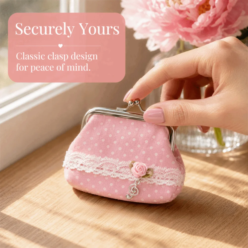 Cute Handmade Lace Polka Dot Coin Purse Rose Pattern Vintage Kiss Lock Wallet Music Note Portable Earphone Bag Daily