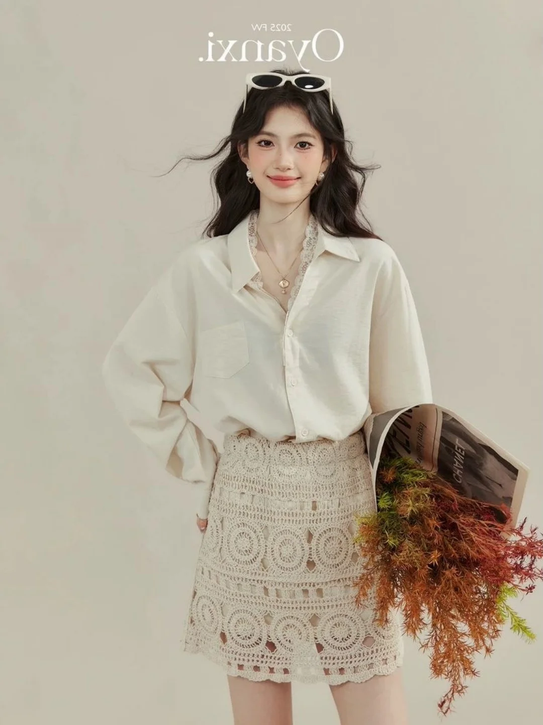 Retro Korean Knitted Hollow out A-Line  Skirt for Women High Waist plus Size Slimming Trendy Outerwear Short Skirt