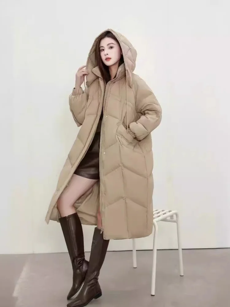 Women\'s Winter Coats Knee-length Hooded Down Jacket White Duck Down Thickened  Warm Puffer Jacket Cocoon Loose Casual Woman Coat