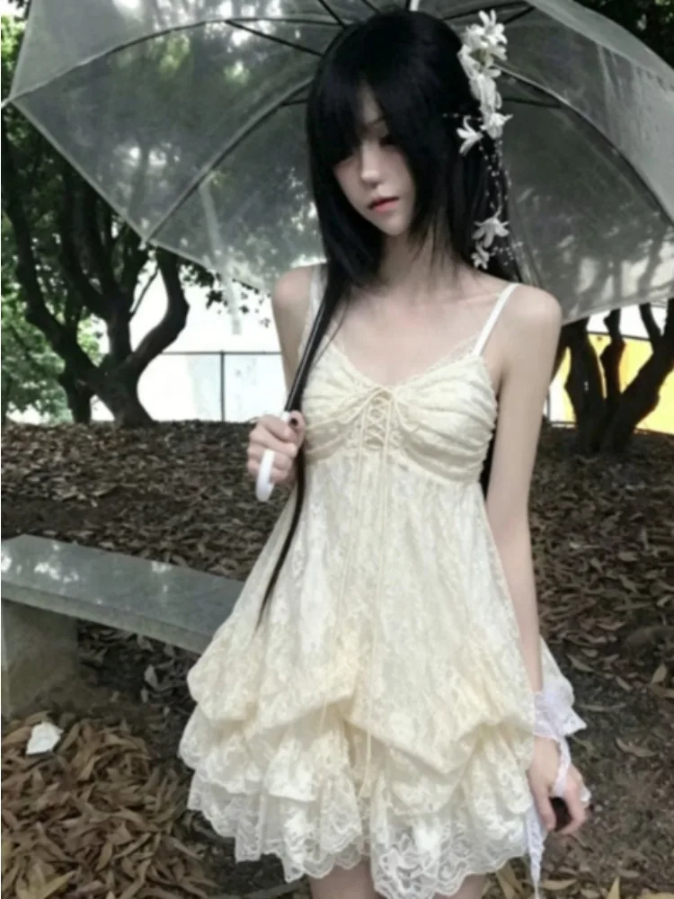 Vintage Style Ruffle Lolita Dress Women Sweet Lace Bow Cake Dress Harajuku Y2k Slim Bandage Dress 2026 Japanese Fashion Summer