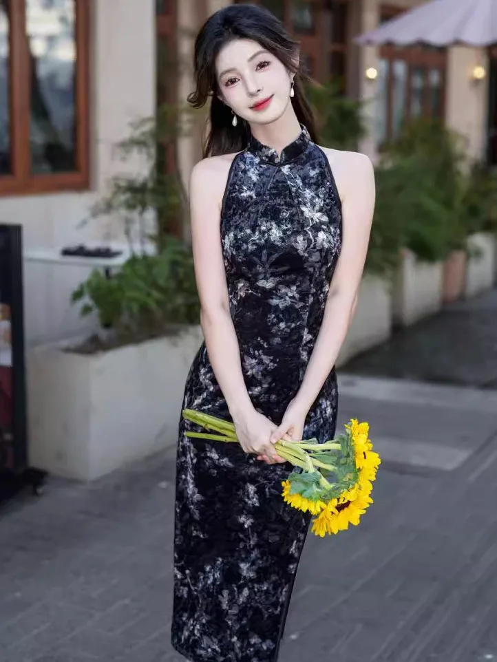 

Elegant Long Black Sleeveless Collar Chinese Style Dress Young Women's Fashionable Slimming Vintage Dress for Spring