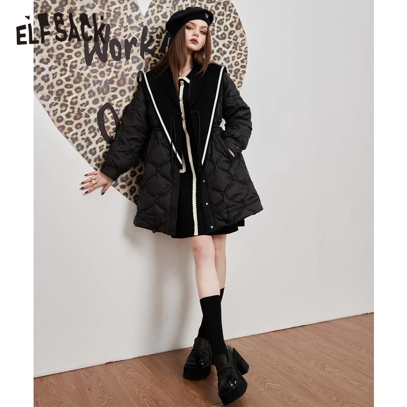 ELFSACK Black Detachable Wool Collar Down Coats Women 2022 Winter New Loose Warm Outwears