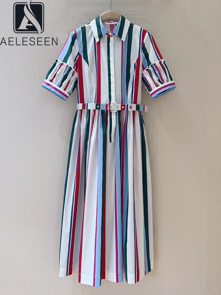 

AELESEEN High Quality 100% Cotton Dress Women Summer Tur-down Collar Rffules Colorful Striped Printed Belt Elegant Party Belt