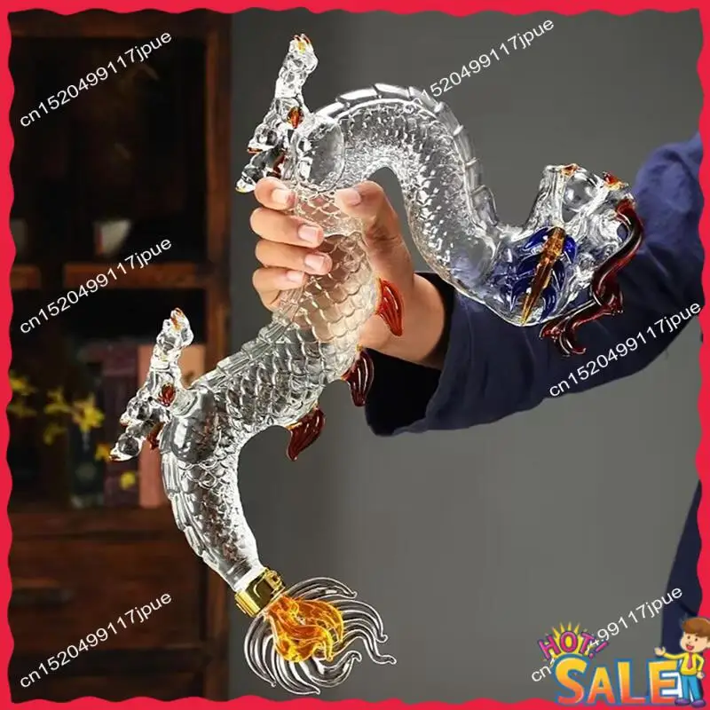 BOFO Handmade Oriental Dragon Glass Wine Bottle, Whisky Decanter Art Statue For Table Decor