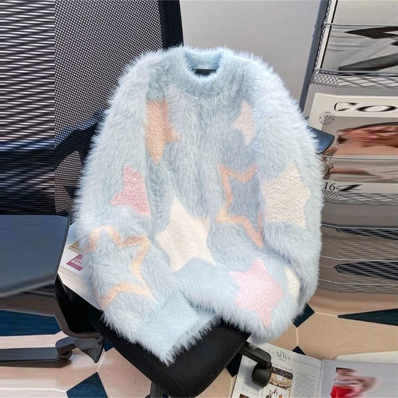 

Women Clothing Autumn Winter Fashion Star Jacquard Soft Mink Warm Knitted Sweater Casual O Neck Long Sleeve Loose Pullover Tops
