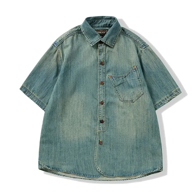 

Мужская летняя джинсовая тонкая рубашка с коротким рукавом из мягкого хлопка с карманами, тонкие легкие эластичные джинсы, ковбойская рубашка, одежда 2025 года, винтажная свободная одежда