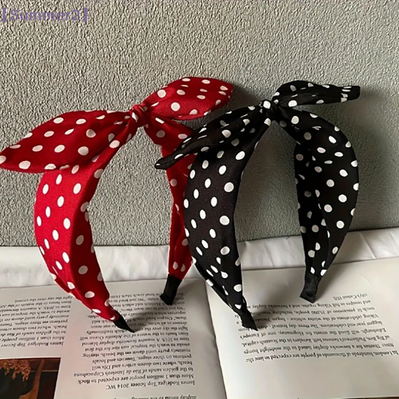 【Xia2】Retro Hong Kong Style Bow Headband Sweet Fabric Polka Dot Bow Head Scarf Fashion Wide Hairband For Makeup{S}