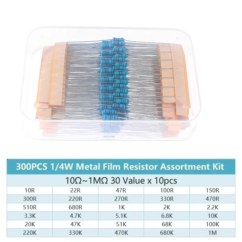 300PCS 1% Widerstand Set Widerstand 1/4W Metall Film Widerstände Kit 10 Ohm ~ 1M Ohm 30 Werte Sortiment Set Elektronische Komponenten Kit