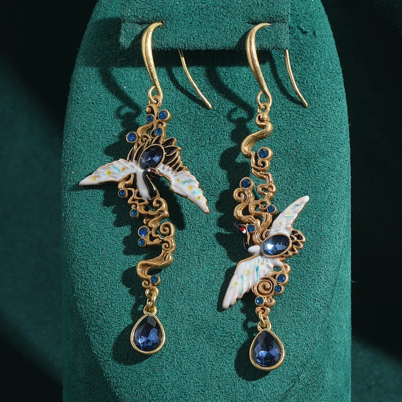 Vintage Crane Long Style Drop Earrings Luxury Antique Art Deco Gold Color Jewelry Brand High Quality Gift Anniversary For Women
