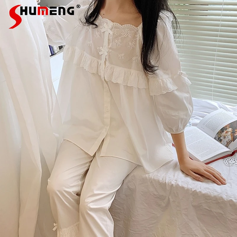 

Pure Cotton White Fairy Homewear Set Women Japanese Sweet Pajamas Two Piece Suit Female Palace Spring Summer Nightwear Set