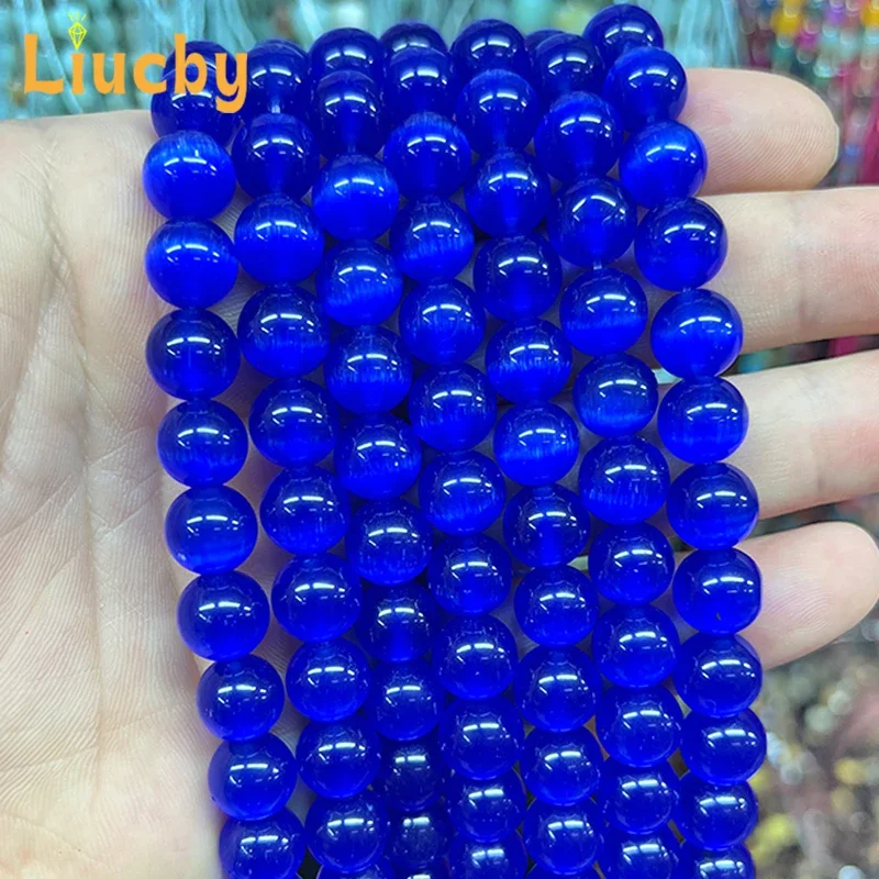 Lapislazuli-blaue, runde Perlen im „Katzenaugen“-Design, aus Naturstein, handgefertigt, zum Selbermachen von Schmuck, zum Beispiel für Armbänder, 15 Zoll lang, in den Größen 4/6/8/10/12 mm. – Detail 3