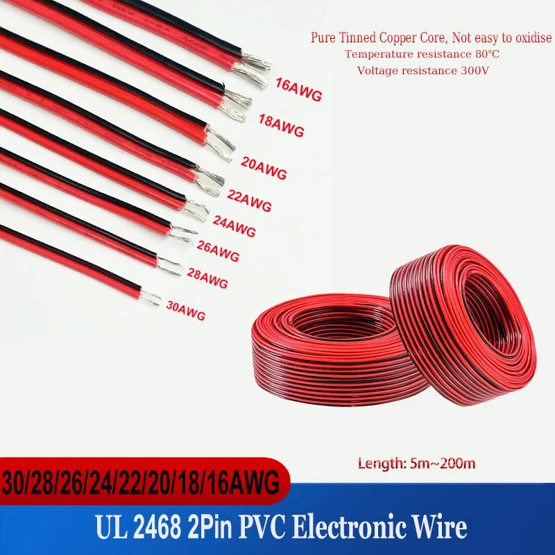 2-Pin Electrical Conductor Tinned Copper PVC Insulated Red-Black Cable For LED Strip Extension Cord 16 18 20 22 24 26 28 30AWG