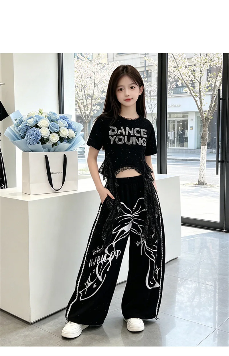 Neuheiten Hip-Hop Kleidung für junge Mädchen, Anzug mit Crop-Top und Hose, modischer Print, 2-teiliges Streetwear-Tanzkostüm für Kinder 8 10 12 Jahre – Detail 2