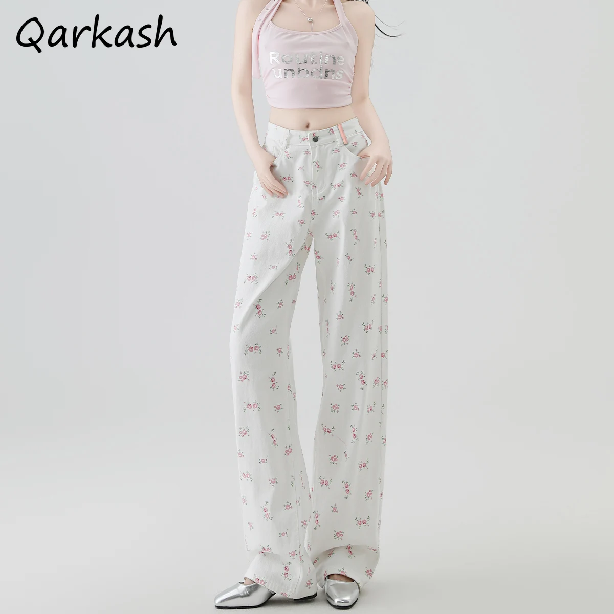 

Джинсы с цветочным принтом, женские джинсы с высокой талией, корейские модные универсальные милые девушки, милые жизненные молодежные возрастные брюки, темпераментные повседневные новые