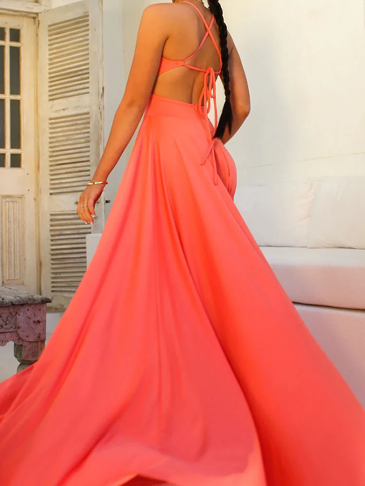 Dress Dinner Women\'S Wear High Quality Slim And Orange Dress Elegant Solid Color V-neck Large Swing Slit Skirt Summer Dress