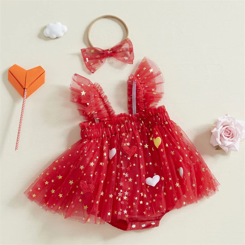 Cathery Newborn Girl Outfits Fly Sleeve Heart Stars Tulle Tutu Romper Dress with Bowknot Hairband Summer Clothes Streetwear 2025