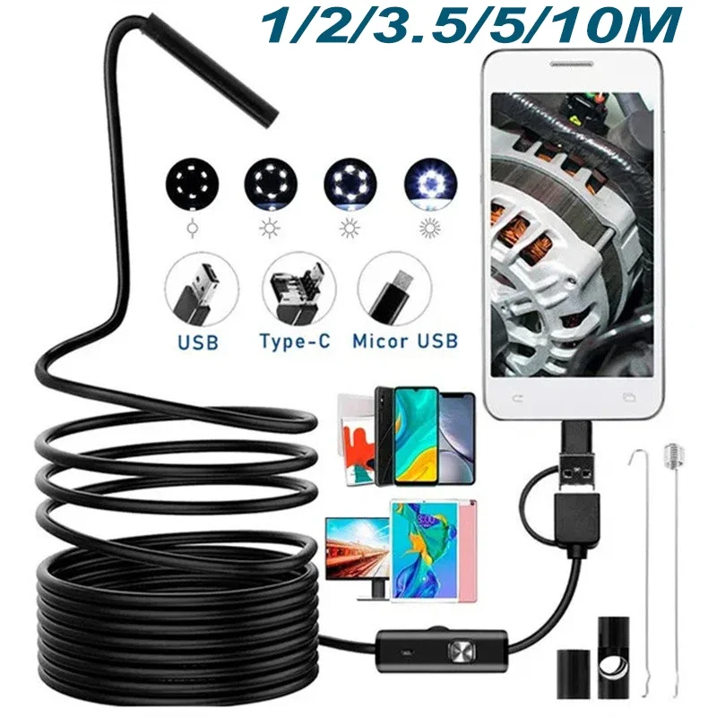 3-in-1 480P 6LED Android Endoscope Camera 5.5/7mm Diameter Hard Cable Waterproof Inspection Borescope 1m/2m/3.5m/5m/10m