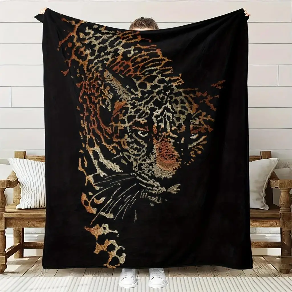 Luxury Leopard Print Flannel Blanket  Heavyweight Black & Golden, Soft Breathable  Polyester All-Season Bedspread