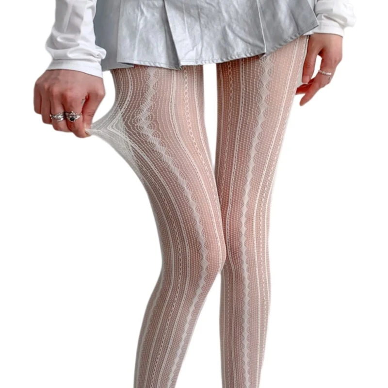 Women Hollowed Rhombus Striped Lace Tights Vintage Jacquard Fishnet Pantyhose