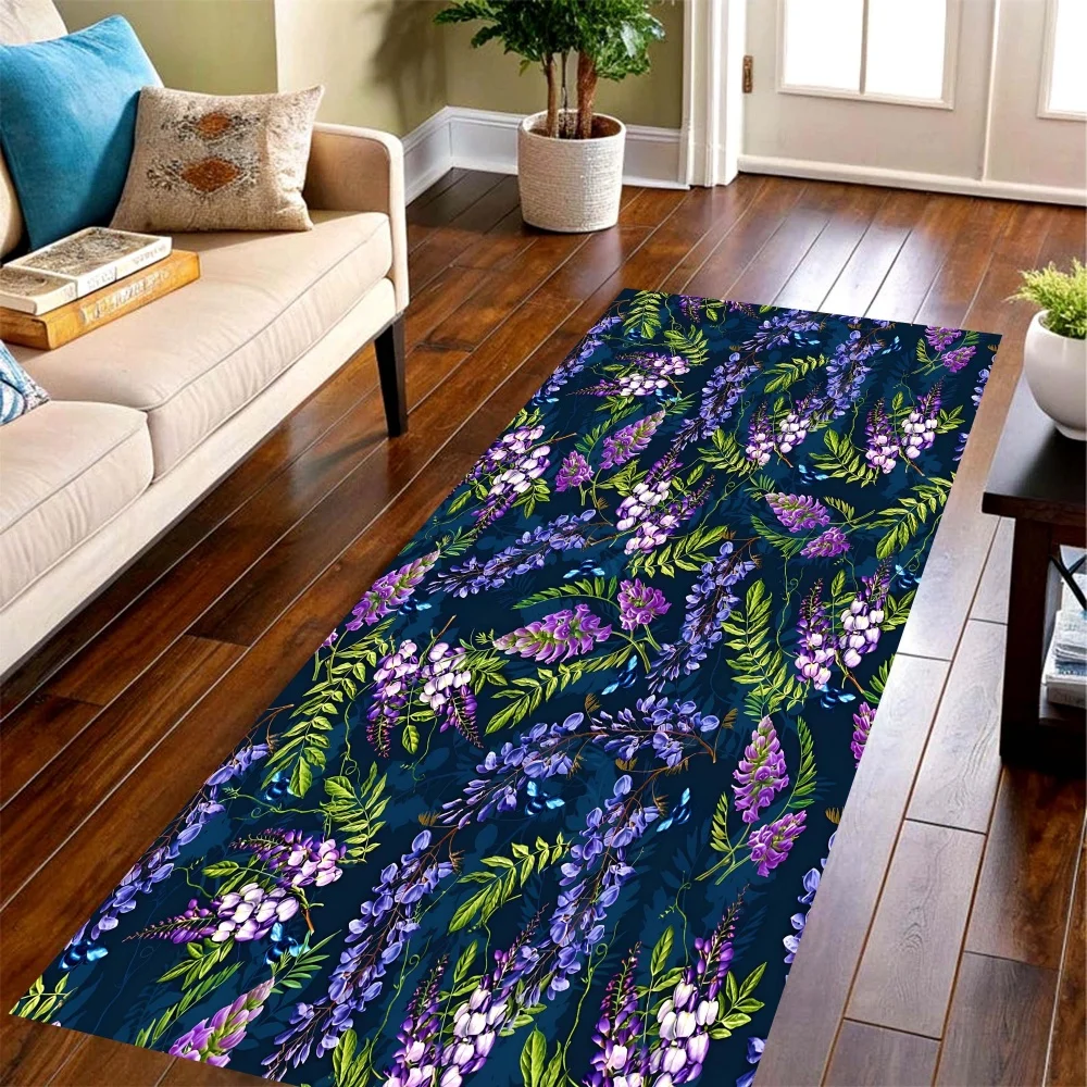 Dark Wisteria Flower Long Runner Rug,purple vine print floor mat,kitchen corridor,living room and front door decor