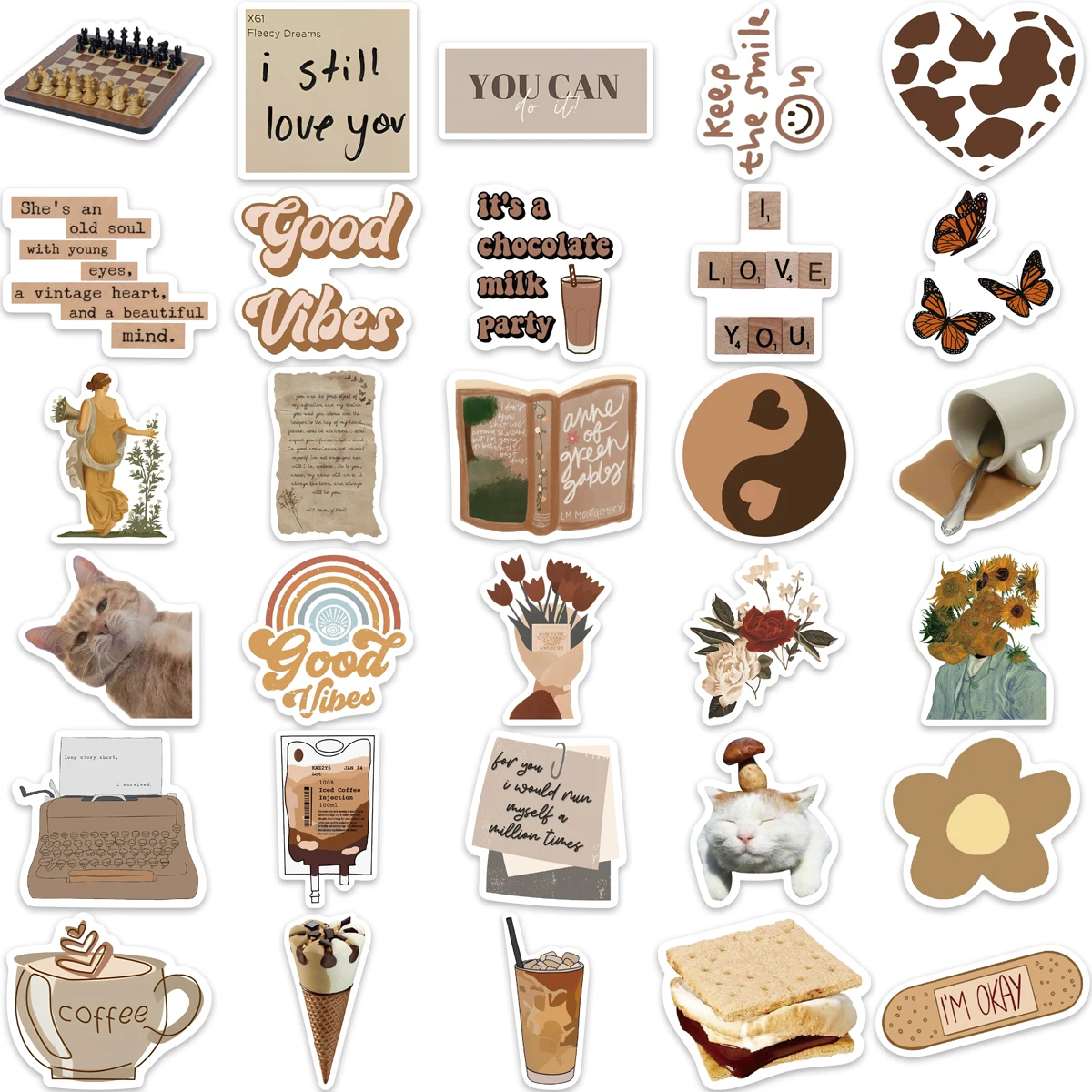 60PCS INS Aesthetics Art Brown Stickers Vintage For  DIY Kids Notebook Luggage Motorcycle Laptop Refrigerator Decal Decor