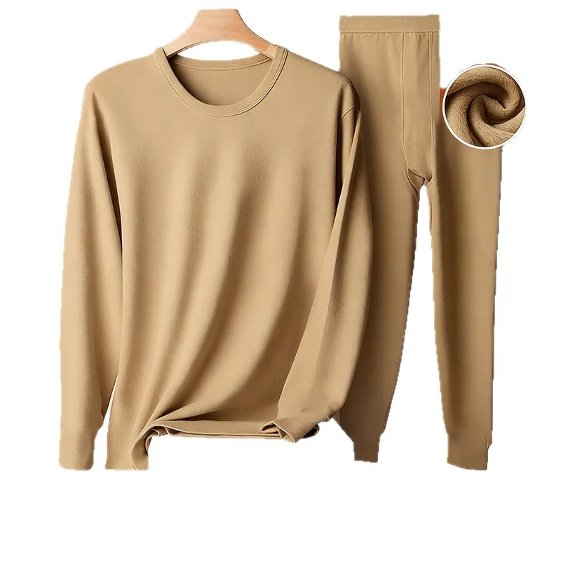 Men Thermal Underwear Set Warm Crew Neck Large Size Thickened Thin Fleece Heating Blouse Pants Bottomed Long Johns Suit