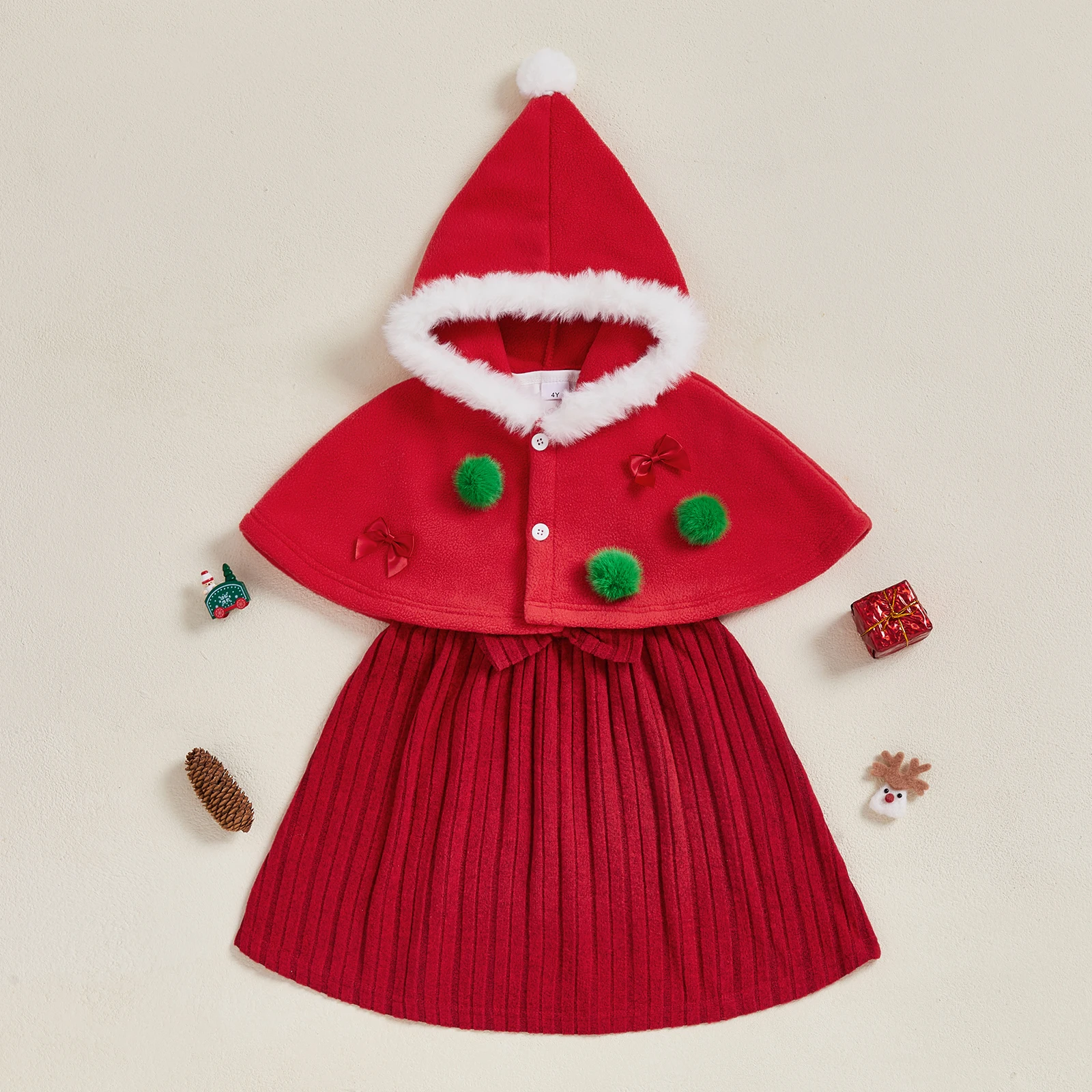 

SUNSIOM Toddler Baby Girl Christmas Outfit Fur Ball Bow Fur Trim Button Up Hooded Cape and A Line Tank Dress 2 Pcs Set