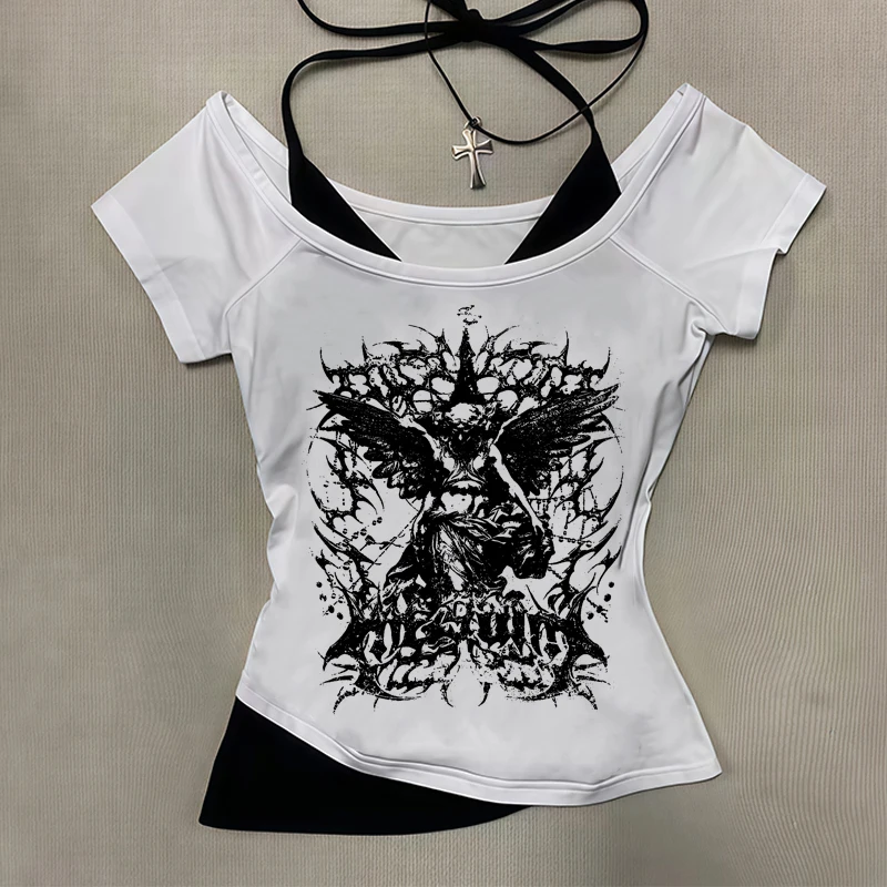 2000s street fashion Gothic girl cut top t-shirt with dark surround print retro short sleeved vest Y2k specialty clothing