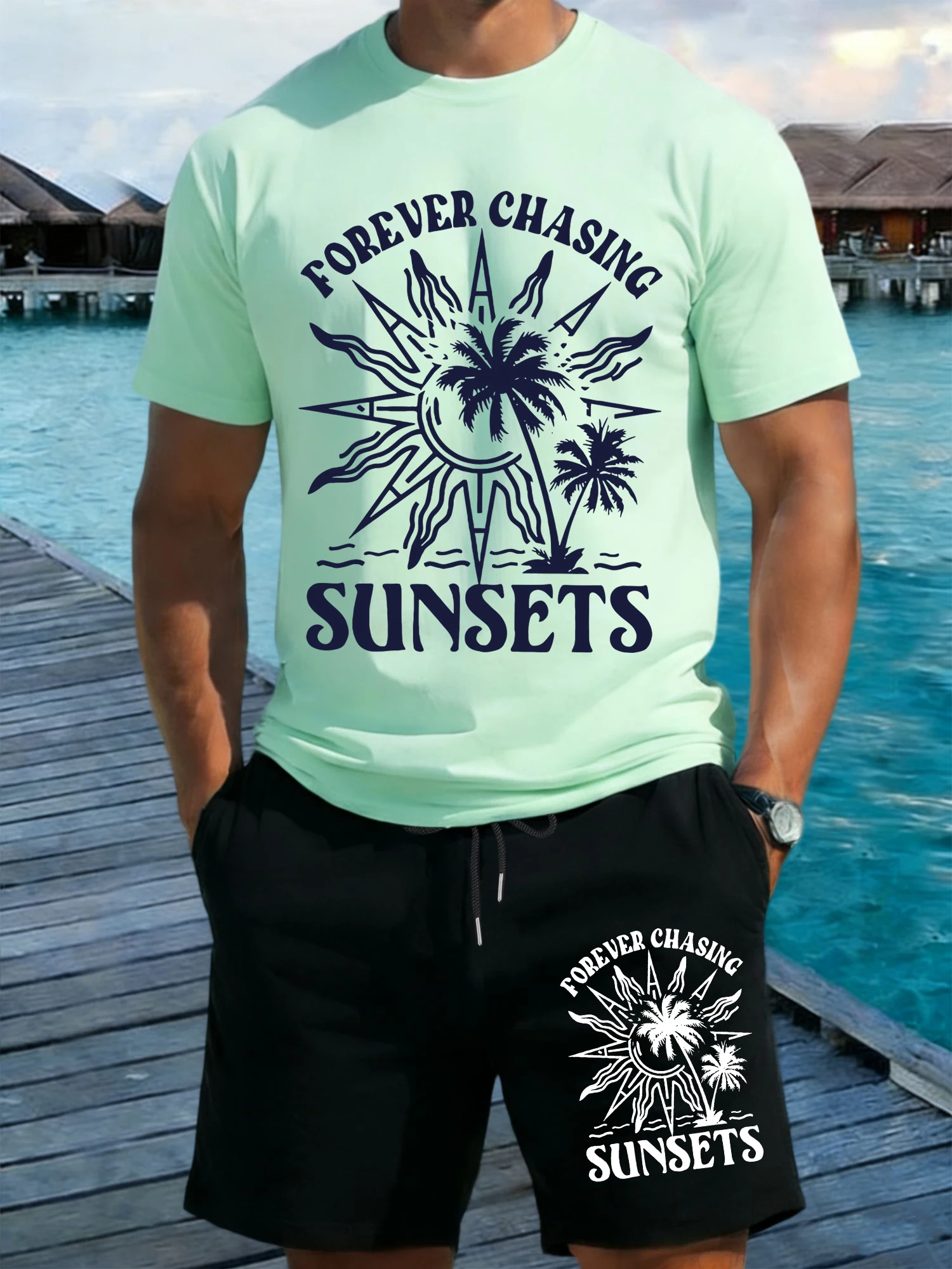 

Forever Chasing Sunset Print Loose T-Shirt Sets Men Crewneck Cotton T Shirts Pocket Summer Shorts Wide-Leg Pant