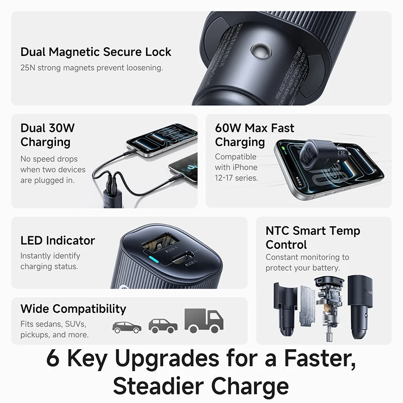 Baseus 30W 60W Car Charger PD3.0 USB Type C for iPhone 8-17 Series Xiaomi Fast Charging Car Phone Charger with Dual Port Charge