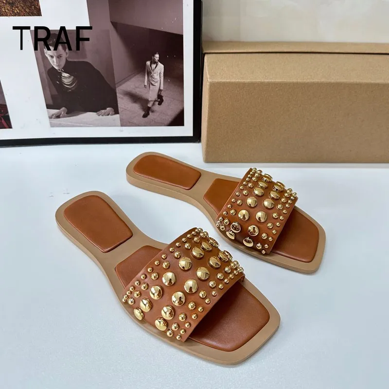 

TRAF Flat Sandals Women Summer Slippers 2024 Fashion Rivets Sandals Woman Open Toe Casual Slippers Female Shoes Outwear Slippers