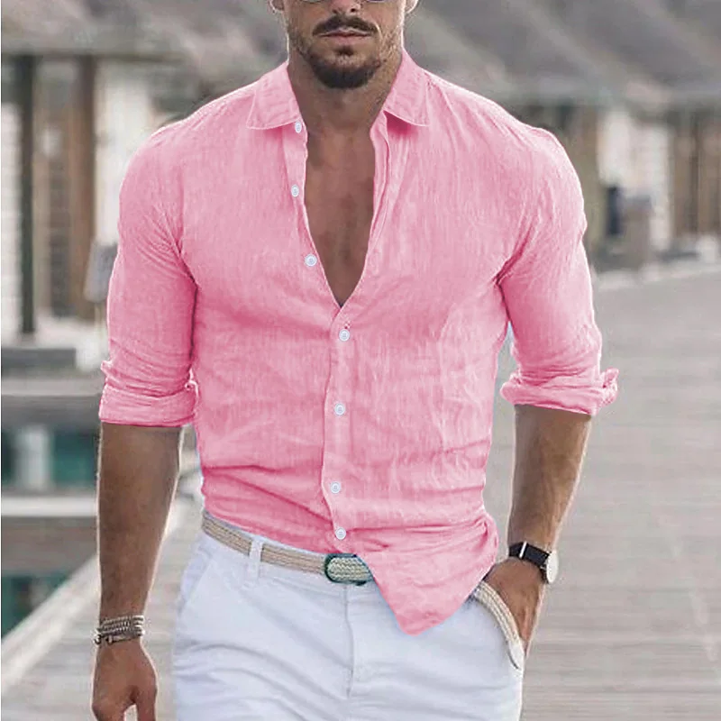 Camisa de manga larga de algodón de color sólido para hombres, solapa de moda informal, ropa de calle suelta, algodón suave y transpirable, alta