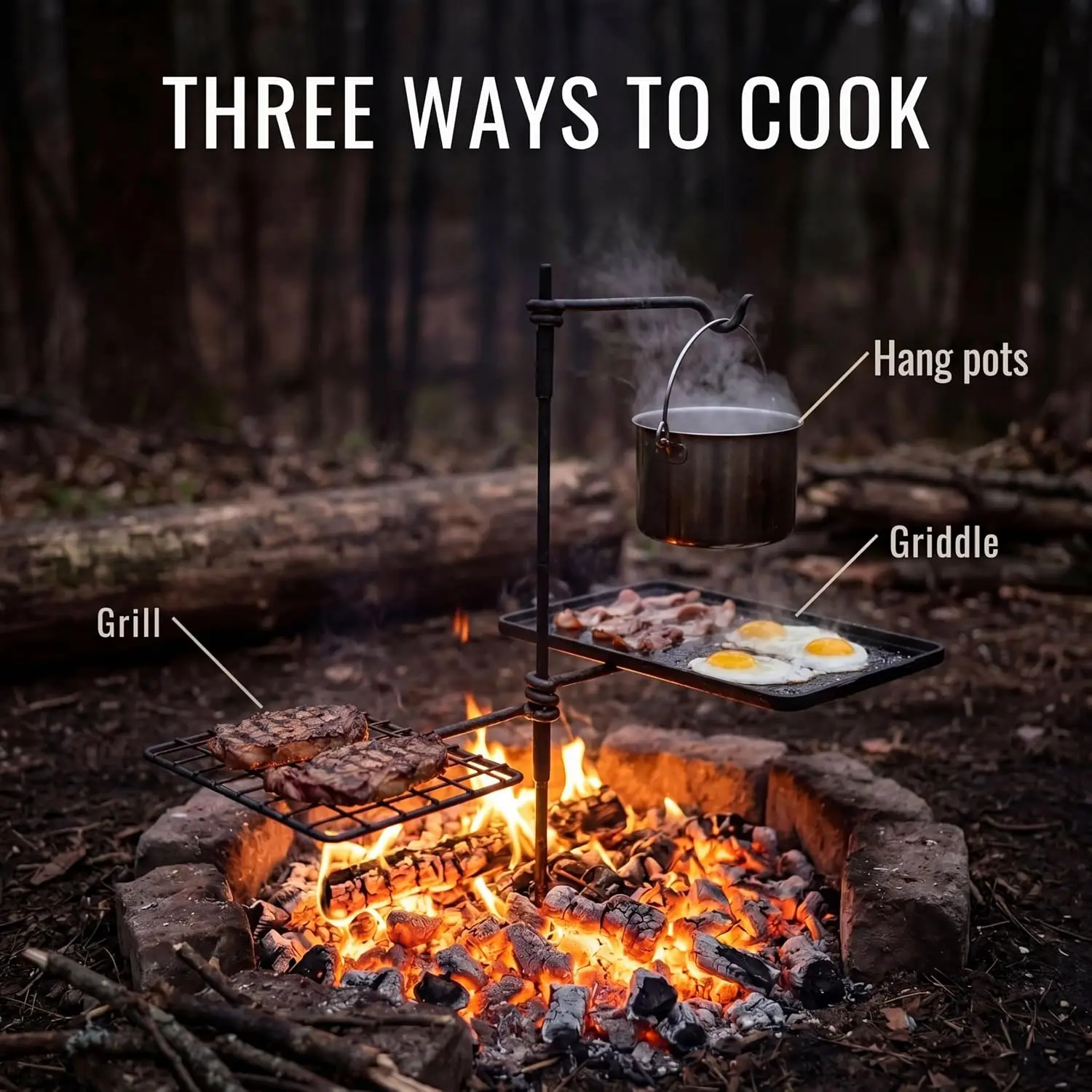Swivel Grill Set, Bushcraft Steel Campfire Camping Cooking Grate | Portable Outdoor BBQ, Over Open Fire Pit Cook Set, Camp Cooki