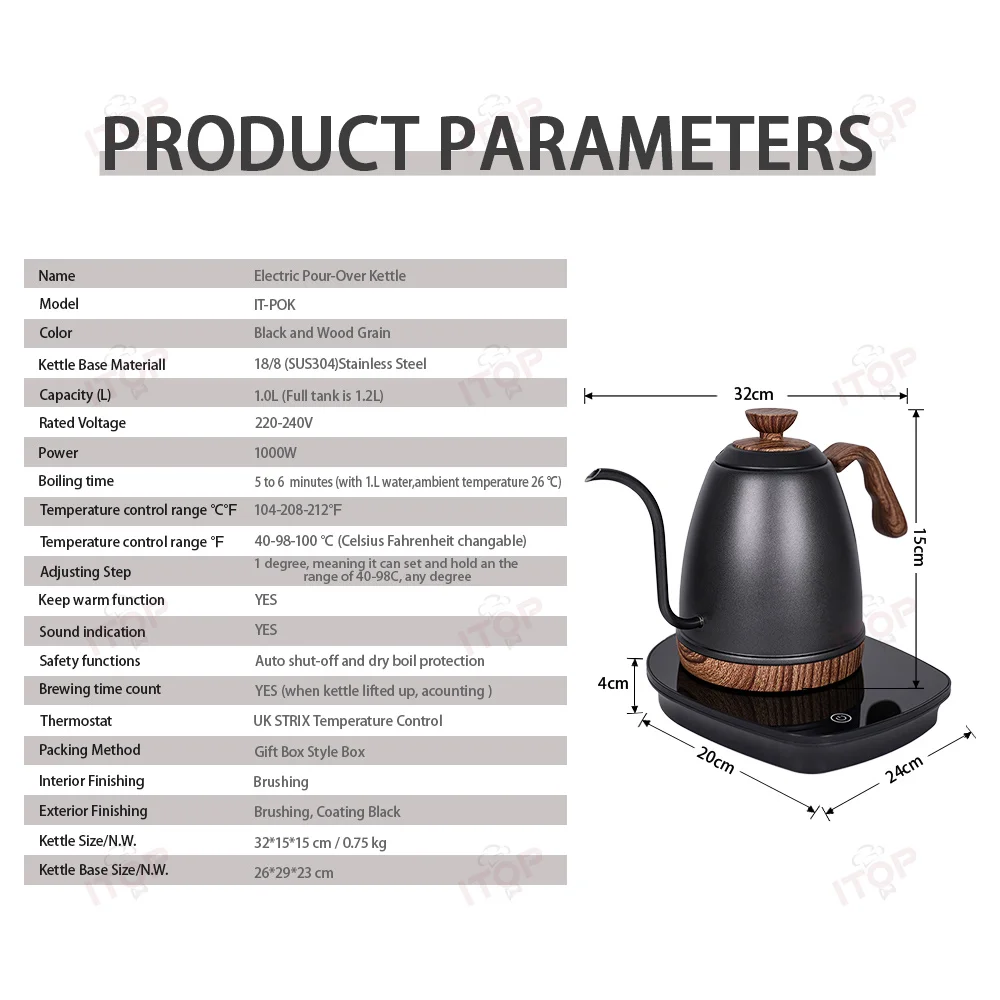 ITOP POK Artisan Electric Gooseneck Kettle to-the-degree Temperature Control Heating Kettle Electric Pour-Over Kettle