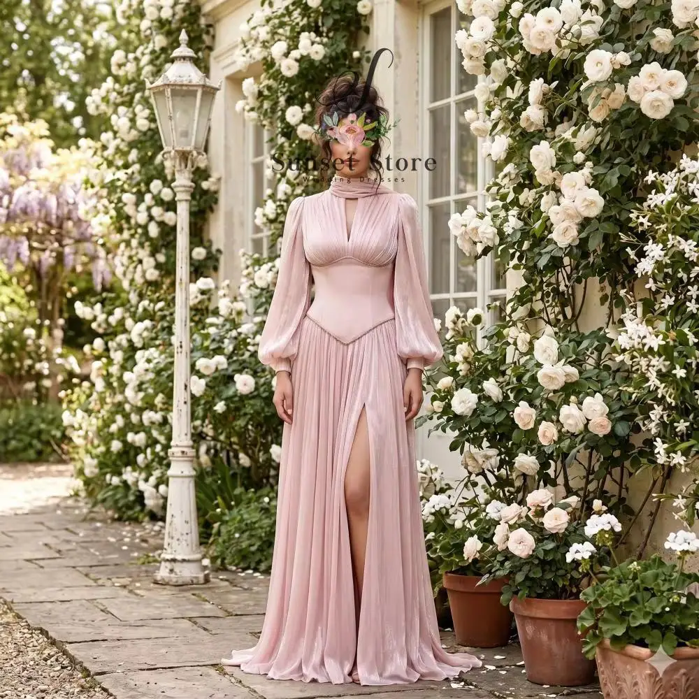 

Customized Evening Dress with Split High Neck with Scarf Detail Wedding Guest Dresses Beaded Waist Formal Gown