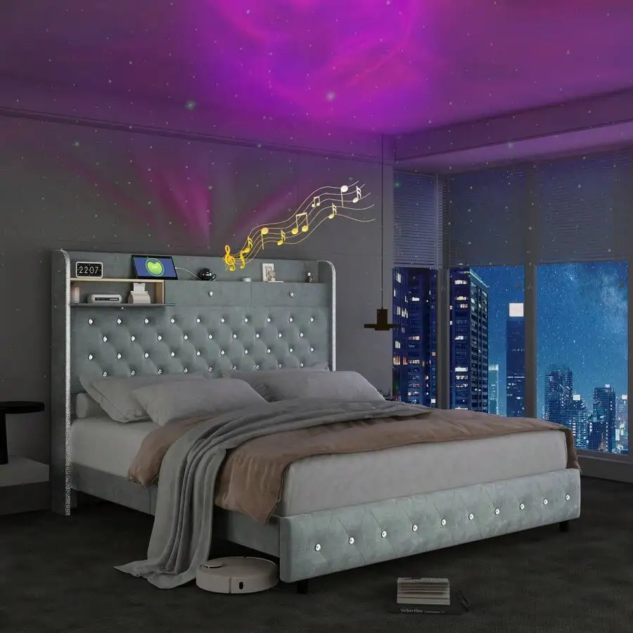 LED Bed Frame Full/Queen/King Size With Galaxy Aurora Star Projector, 52