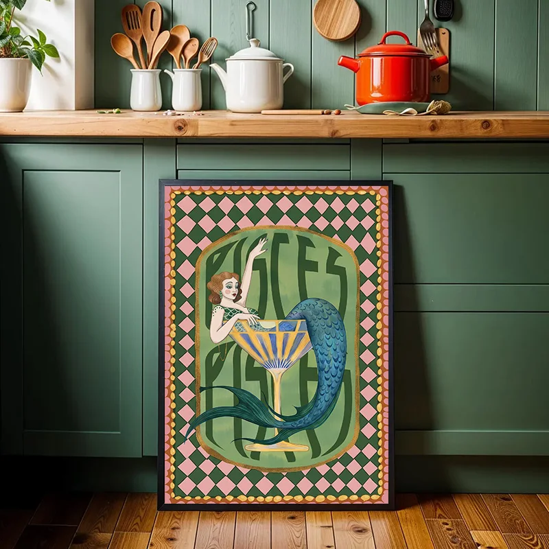 Vintage Pisces Mermaid Canvas Wall Art Cocktail Mermaid Illustration Poster Colorful Checkered Border Print Bar Bedroom Decor