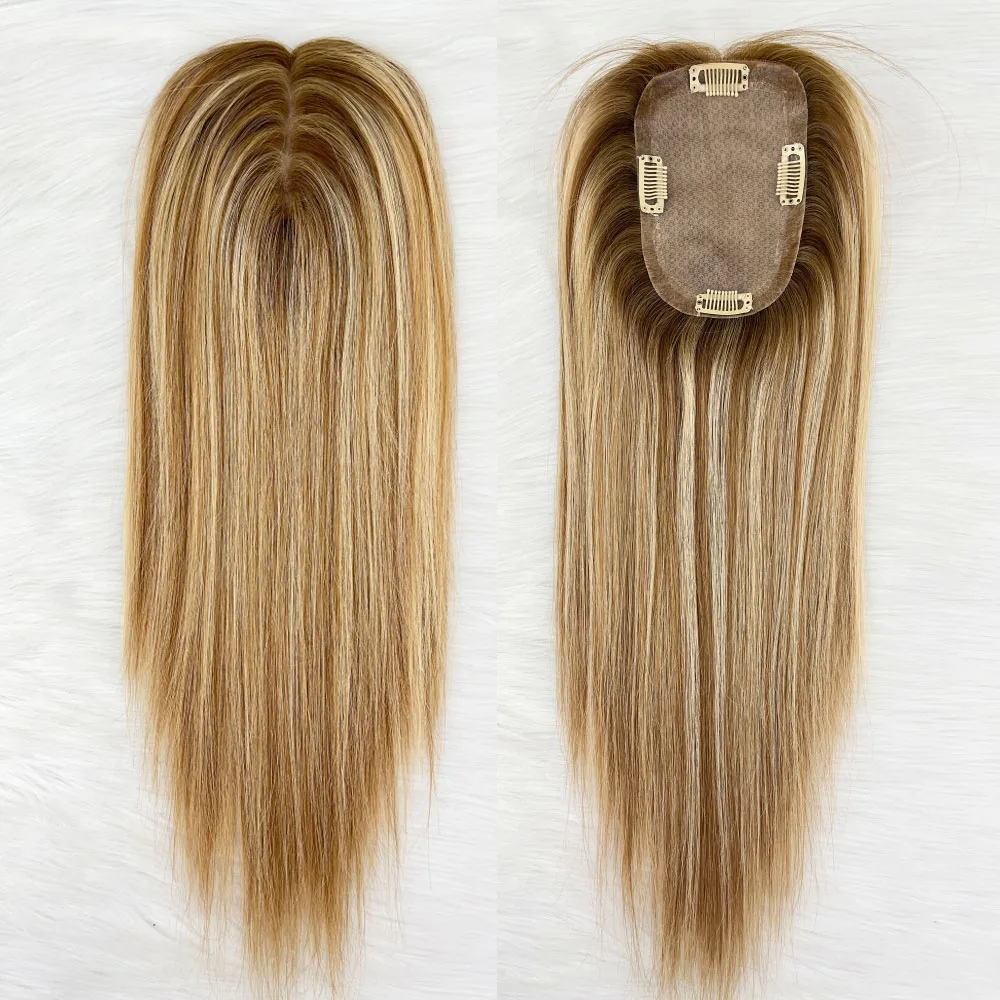 9x14cm 16inch Highlight Blonde Human Hair Cloure Silk Base Topper with Clips in Virgin European Human Hair Toupee
