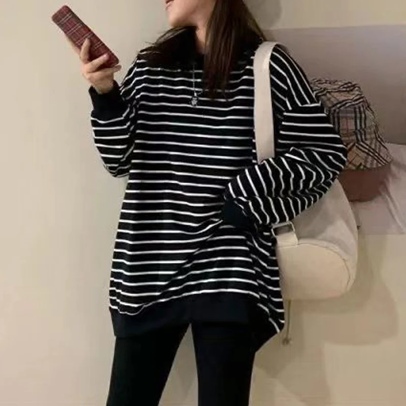 Sudadera clásica de manga larga a rayas para mujer, ropa de calle de gran tamaño, jerséis informales de lana para Otoño e Invierno